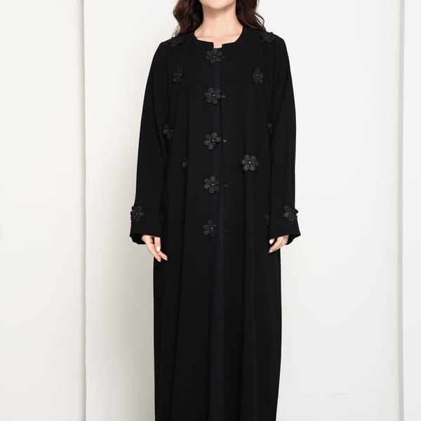 Black Open-Front Luxury Abaya with Tonal Lace Flower Embellishments