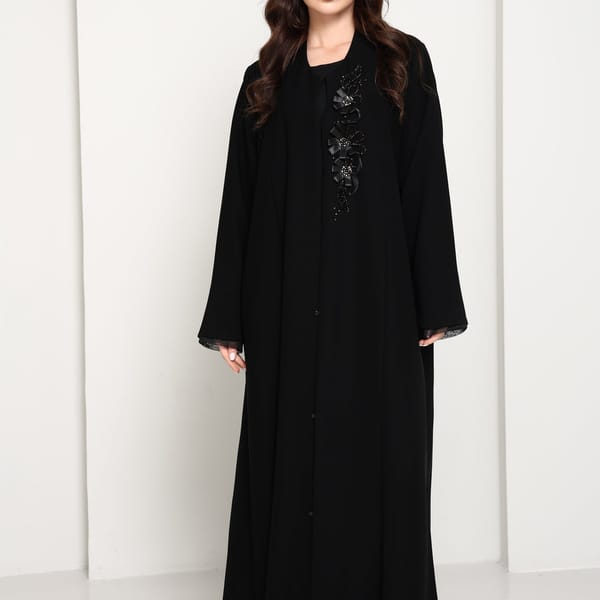 Black Open Abaya with Asymmetrical Floral Bead & Ribbon Embellishment