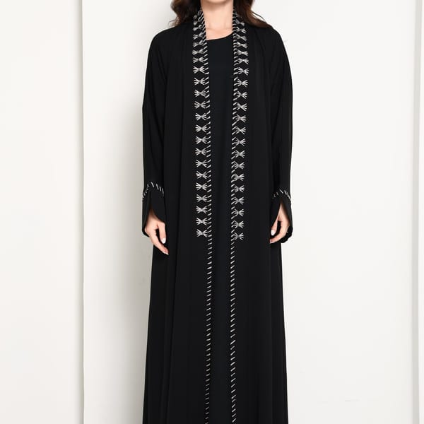 Jet Black Open Abaya with Contrast Thread Work Front Panels and Sleeves