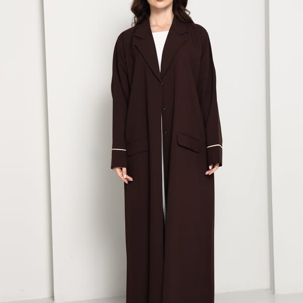 Dark Chocolate Blazer-Style Abaya I Open Front Abaya with Lapel Collar, Pockets & Piping Cuffs