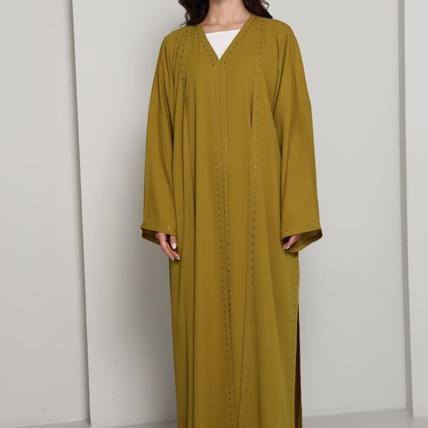 Olive Mustard Open Abaya with Subtle Stud Embellishment