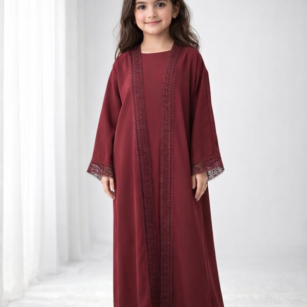Maroon Nida Kids Abaya with Lace Front & Cuffs - Elegant Girls Modest Wear