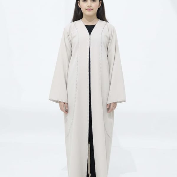 Melange Fabric Beige Kids Abaya with Lace On Front & Cuffs