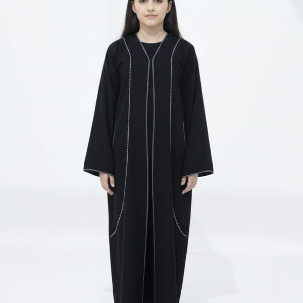 Melange Fabric Black Kids Abaya with Lace On Front & Cuffs