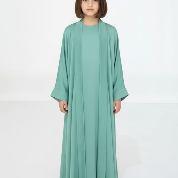 Green Premium 3-Piece Kids Abaya Set - Lightweight Harir Maqsood Modest Wear for Girls