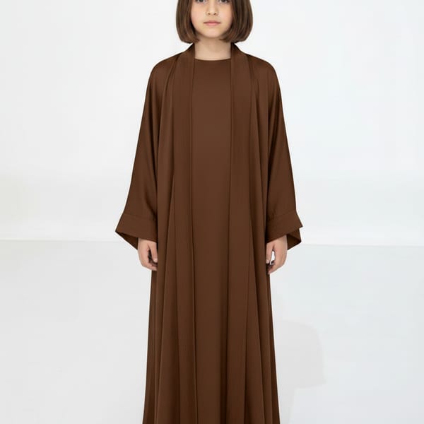 Brown Premium 3-Piece Kids Abaya Set - Lightweight Harir Maqsood Modest Wear for Girls