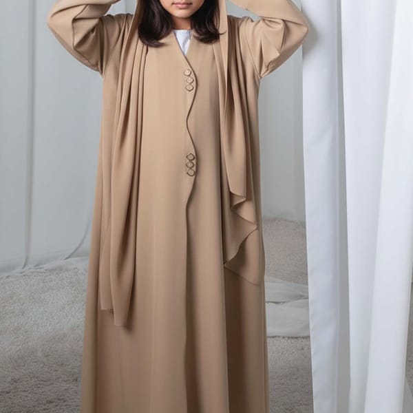 Kids Abaya With Sheila I Elegant Beige Barbie Crepe Modest Wear for Girls