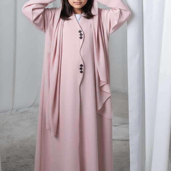 Kids Abaya With Sheila I Elegant Pink Barbie Crepe Modest Wear for Girls