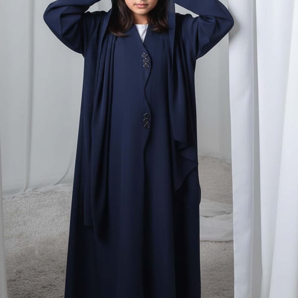 Kids Abaya With Sheila I Elegant Navy Blue Barbie Crepe Modest Wear for Girls