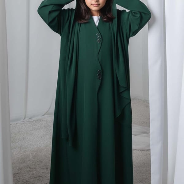 Kids Abaya With Sheila I Elegant Green Barbie Crepe Modest Wear for Girls