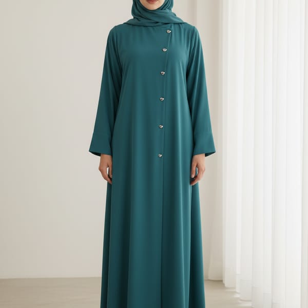 Green Korean Nida Abaya - Asymmetrical Button Design with Matching Chiffon Headscarf