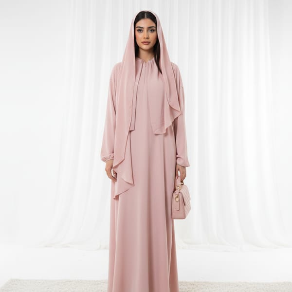 Harir Maqsood Pink Prayer Abaya I Attached Hijab Design