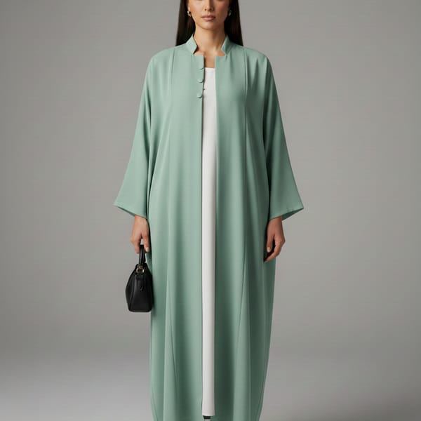 Signature Korean Nida Sage Green Open Abaya Minimalist High-Neck Design