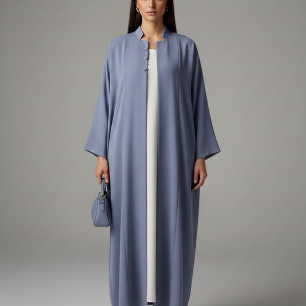 Signature Korean Nida Dusty Blue Open Abaya Minimalist High-Neck Design