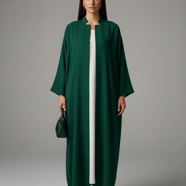 Signature Korean Nida Forest Green Open Abaya Minimalist High-Neck Design