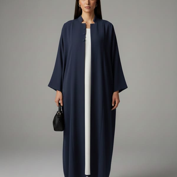 Signature Korean Nida Blue Open Abaya Minimalist High-Neck Design