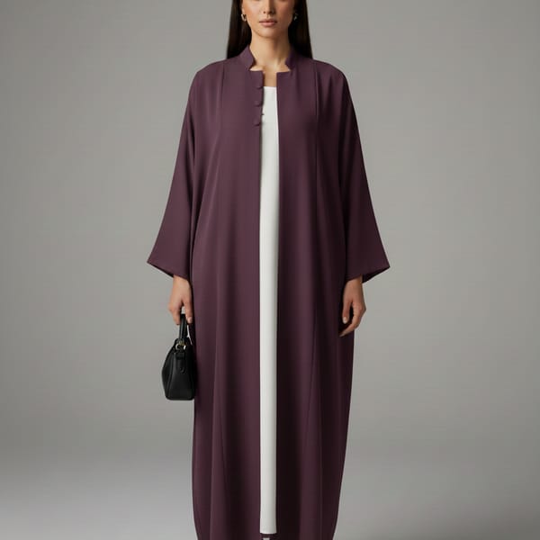 Signature Korean Nida Deep Plum Open Abaya Minimalist High-Neck Design