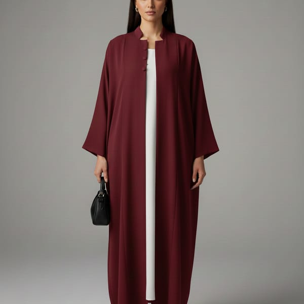 Signature Korean Nida Maroon Open Abaya Minimalist High-Neck Design