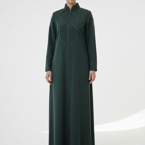 Geometric Panelled Design Green Abaya with Plain Chiffon Headscarf