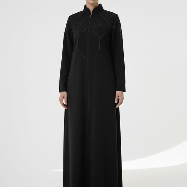 Geometric Panelled Design Black Abaya with Plain Chiffon Headscarf