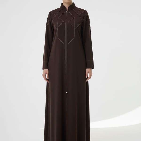 Geometric Panelled Design Brown Abaya with Plain Chiffon Headscarf