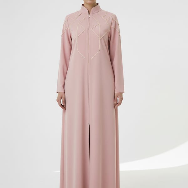Geometric Panelled Design Pink Abaya with Plain Chiffon Headscarf