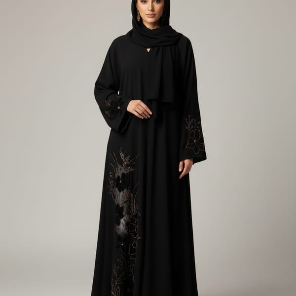 Premium Black Korean Nida Abaya - Elegant Handwork & Lace Floral Embroidery with Chiffon Headscarf