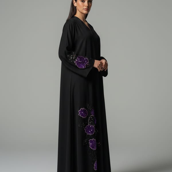 Luxe Black Korean Nida Abaya - Purple Sequin Floral Handwork with Chiffon Headscarf