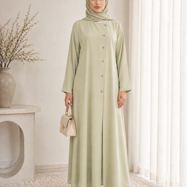 Sage Mist Korean Nida Abaya - Asymmetrical Button Design with Matching Chiffon Headscarf