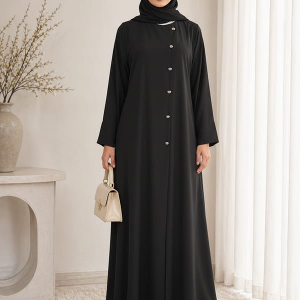 Black Korean Nida Abaya - Asymmetrical Button Design with Matching Chiffon Headscarf