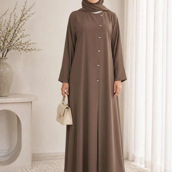 Brown Korean Nida Abaya - Asymmetrical Button Design with Matching Chiffon Headscarf