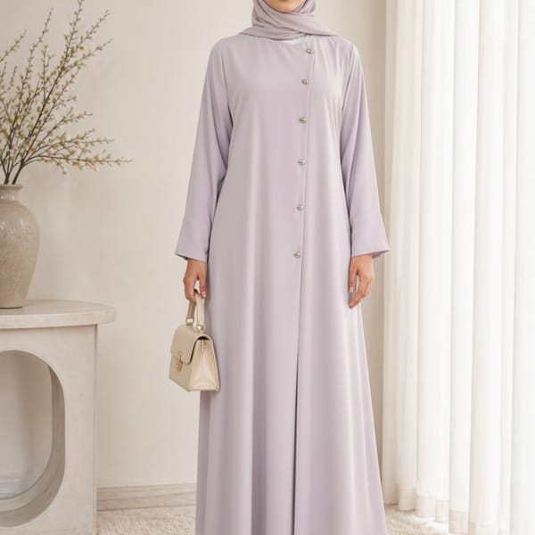 Lavender Korean Nida Abaya - Asymmetrical Button Design with Matching Chiffon Headscarf
