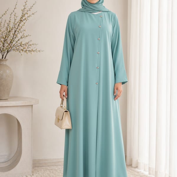 Dusty Aqua Korean Nida Abaya - Asymmetrical Button Design with Matching Chiffon Headscarf