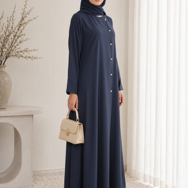 Navy Blue Korean Nida Abaya - Asymmetrical Button Design with Matching Chiffon Headscarf