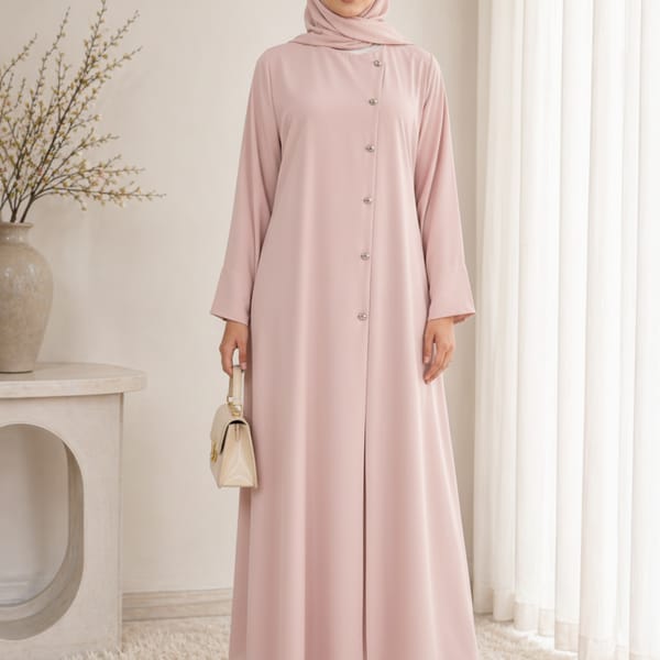 Pink Korean Nida Abaya - Asymmetrical Button Design with Matching Chiffon Headscarf
