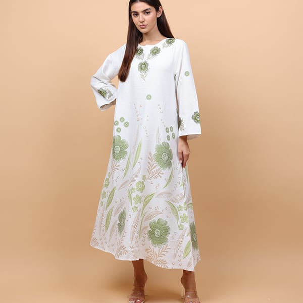 Ikkxa Floral Details Classic Linen Jalabiya