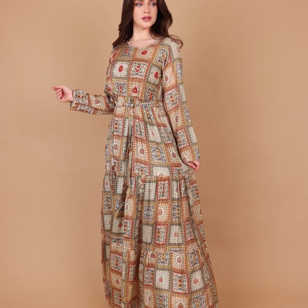 Ikkxa Soraya Ethnic Print Long Sleeves Tiered Maxi Dress