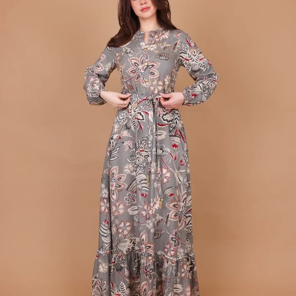 Ikkxa Rania Floral Embellished Belted Long Sleeves Maxi Dress