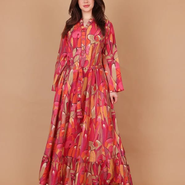 Ikkxa Hana Abstract Print Embellished Detail Bell Sleeves Maxi Dress