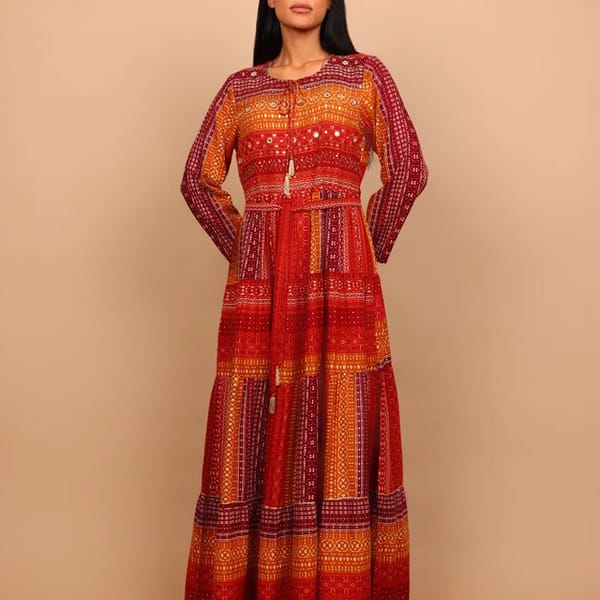 Ikkxa Yasmin Printed Embellished Detail Tie-Up Neck Tiered Maxi Dress