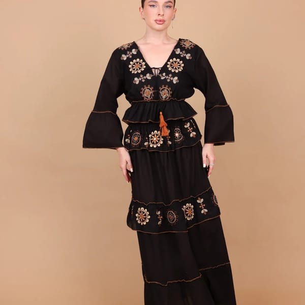Ikkxa Zahra Embellished Long Sleeves Tiered Maxi Dress