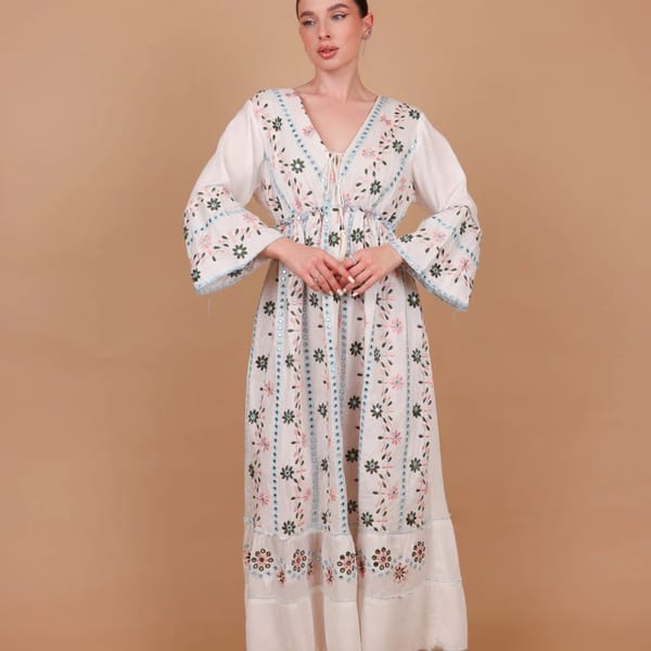 Ikkxa Lina Embroidered V-Neck Bell Sleeves Maxi Dress
