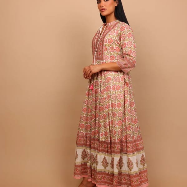 Ikkxa Shabnam Printed Tie Neck Maxi Dress