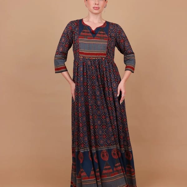 Ikkxa Riham Ethnic Motif Print Split Neck 3/4 Sleeves Maxi Dress