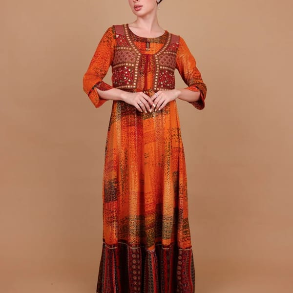Ikkxa Farah Printed Embroidered Coat Detail Maxi Dress