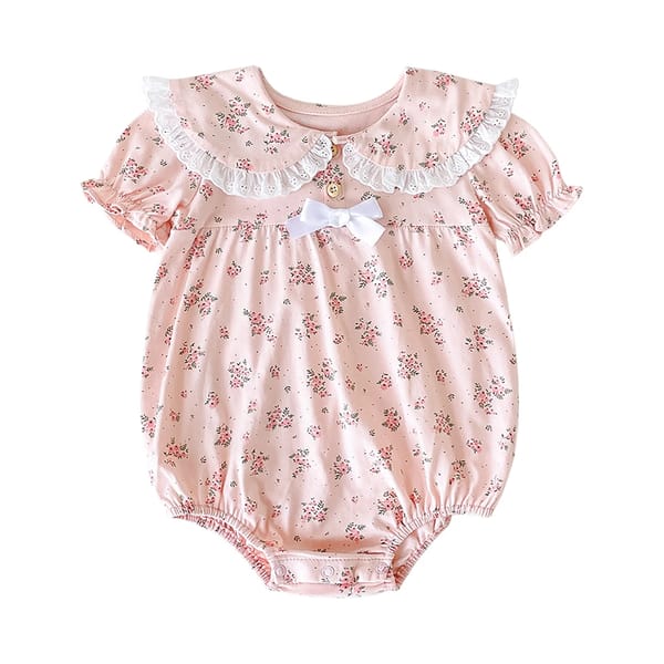 Floral Cotton Short Sleeve Baby Girls Bodysuit with Peter Pan Collar