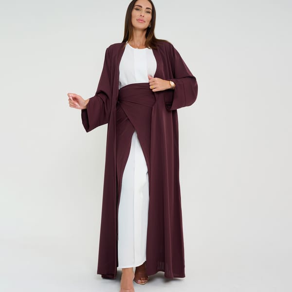 Brown-R-202463 Brown Abaya with Cutting design +White Dress +Skirt ,3 pieces Set