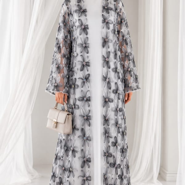 Net Floral Abaya with Plain Chiffon Headscarf  Women’s Abaya
