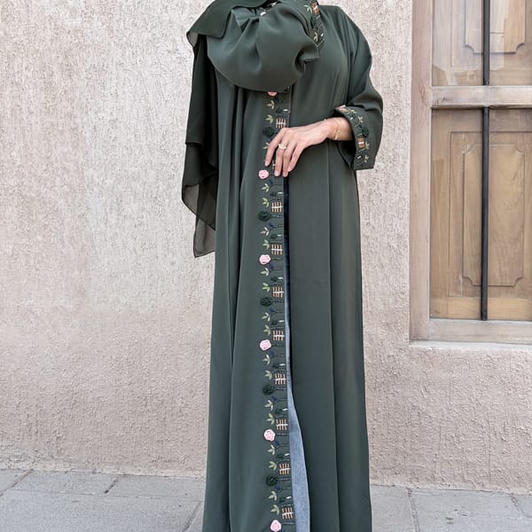 Msquare Fashion Hand-Embroidered Green Barbie Crepe Abaya with Headscarf