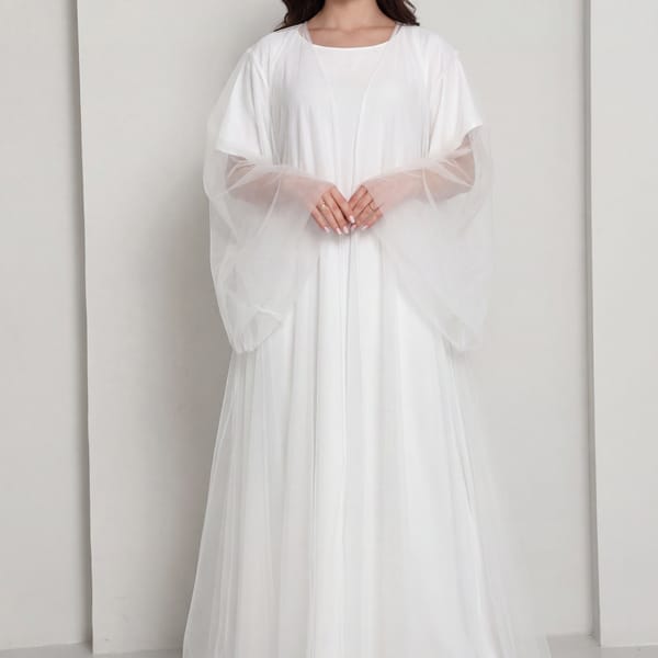 Msquare Fashion White Tulle Net Designer Abaya